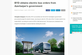 “Gasgoo” nəşri: “BYD” konqlomeratı Azərbaycana elektrik avtobusları tədarük edəcək